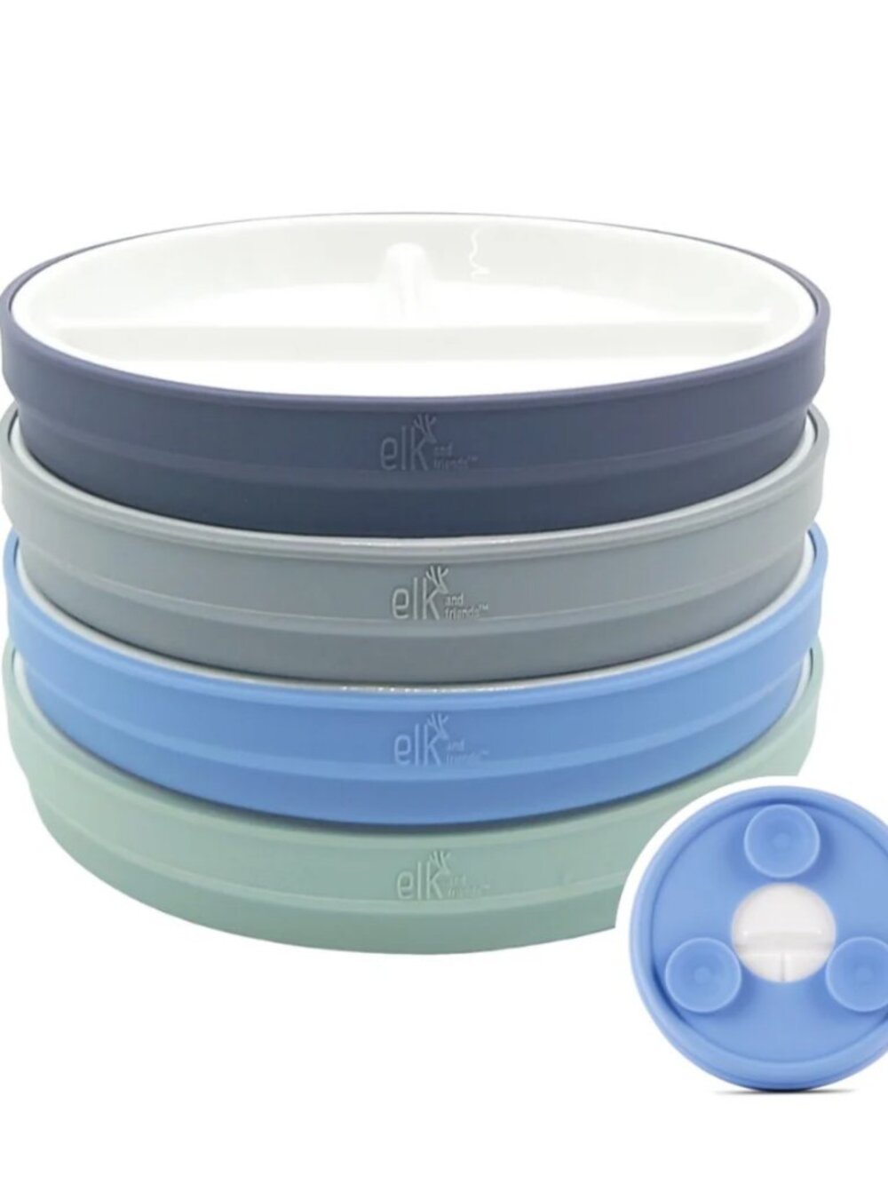 Elk and Friends Baby/Toddler 6.7" Porcelain Divided Plates + Suction Sleeve, 4pk
